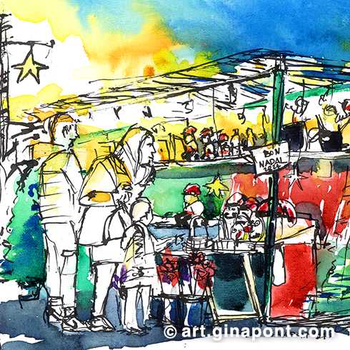 Cuando abre la Fira de Santa Llúcia, siento que la Navidad ha llegado. Familias ilusionadas eligen el “caganer” para su belén, el aire se llena del olor a turrón y las luces de colores lo envuelven todo. Este año quise conservar ese instante en mi libreta de urban sketch, dibujándolo en tinta y acuarela, para poder rememorarlo en cualquier momento del año.