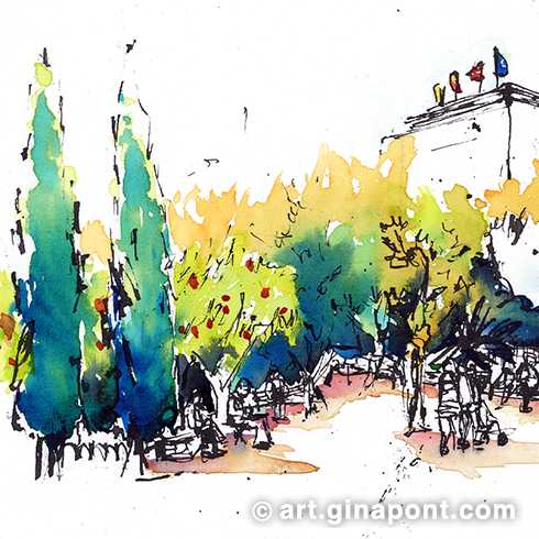 Urban sketch in watercolor of the interior gardens of Palau Robert. I represented the vegetation by means of a gradient exercise.