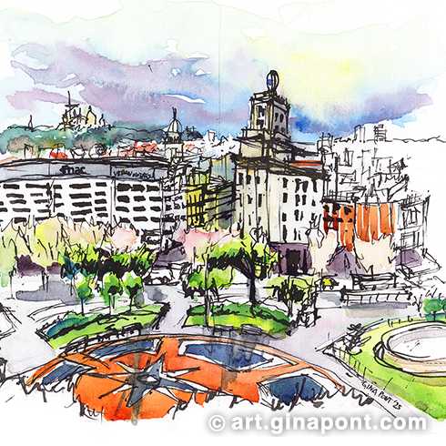 As it was raining, a group of sketchers decided to draw from the cafeteria on the top floor of the Corte Inglés. The result is a panoramic view of Plaça Catalunya with commercial buildings such as FNAC.