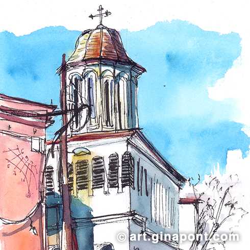 Sometimes, while sketching I discover very curious corners, like the Romanian Orthodox Parish of Sant Jordi. Although I did not have the opportunity to enter, they say that its walls are full of frescoes, typical of the Romanesque, like those found in the Vall de Boí.