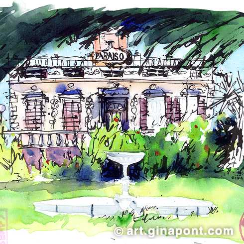 Watercolor illustration of the gardens of Finca El Paraíso. In the foreground I drew a water fountain, which being white contrasts with the green of the lawn. In the background, we see the romantic style building of Arenys de Mar included in the Catalan Architectural Heritage Inventory. Made during the morning at the annual meeting organized by USK Catalunya.