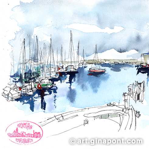 On the occasion of the VIII Meeting of USK Catalunya, in the afternoon I went out to draw the sea and fishing port of Arenys de Mar. As the weather was cloudy I used a range of grayish watercolor to paint the sky. The event was attended by more than 1,000 sketchers!