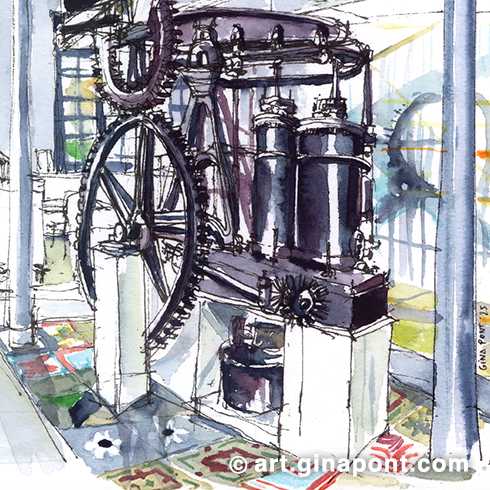 Drawing the steam engine of the “Tint de Baix” in Can Manyer. The library of Vilassar de Dalt hides secrets like the fact that it was an old textile factory. Its architecture is characteristic of an industrial enclosure of the late nineteenth century with large spaces, supported by iron columns. In addition, among its hydraulic pavement there are parts of the mosaic of the Barcelona of 1888. It is worth a visit!