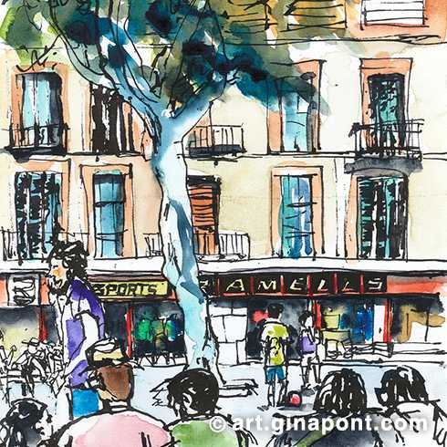 Con curiosidad por ver cómo había quedado la remodelación de la Ronda de Sant Antoni, fui a dibujarla. Allí me sorprendió Sports Ramells, una tienda mítica con una larga historia en el barrio.