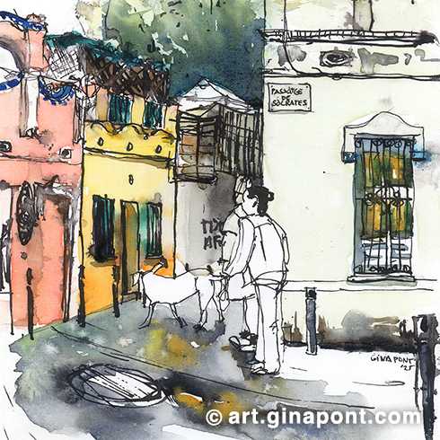 Pocas veces dibujo en Sant Andreu, y justo el día que fui empezó a llover. Aun así, sentí curiosidad por ver cómo quedaría la tinta y acuarela bajo el agua y ¡me encantó el resultado!. Aún se pueden ver las gotas secas.