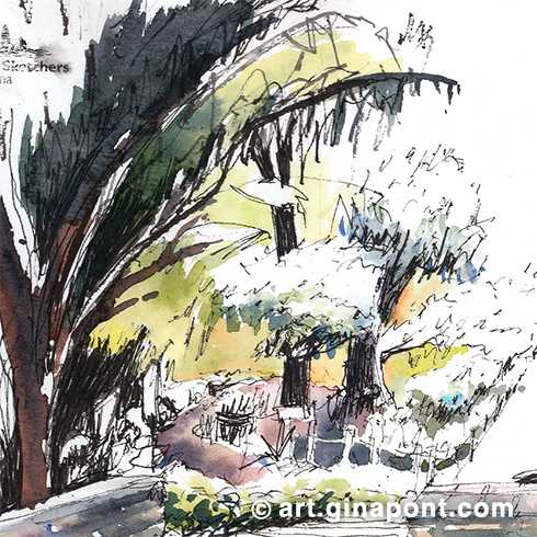 A watercolor sketch of Barcelona’s Historic Botanical Garden, near the MNAC. I drew it at a leisurely pace, surrounded by greenery and accompanied by the song of the European robin. A true oasis in the city!