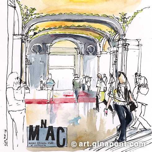An urban sketch in ink and watercolor of the MNAC hall during the gathering with Urban Sketchers Catalunya. There were over 1,000 sketchers!