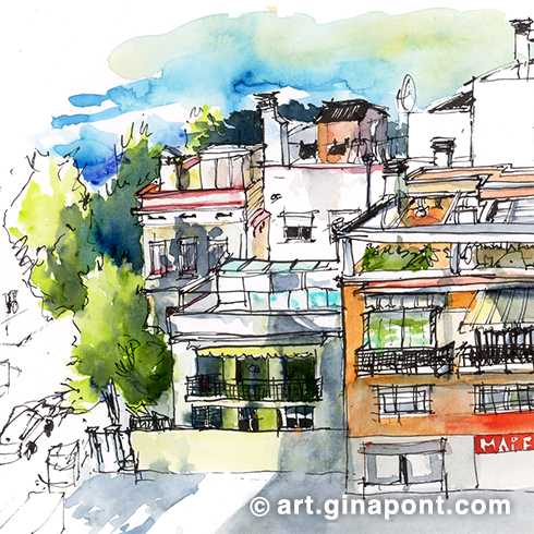 Urban sketch drawn on location in ink and painted with Artify brushes. This is a collaboration with the London-based brand where I try out different brush tips: round, flat, filbert, angled, liner…