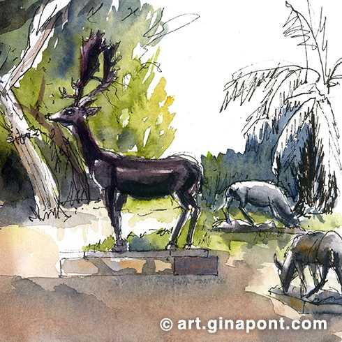 On this occasion, I went to sketch these gardens dedicated to the historian Jaume Vicens Vives, whose name is also that of the publisher of the schoolbooks that were a constant companion throughout my childhood. In addition, nearly 30 animal sculptures by Frederic Marès adorn the park, paying tribute to the love of hunting shared by Ignasi Villalonga, president of the bank that promoted the development of the area.