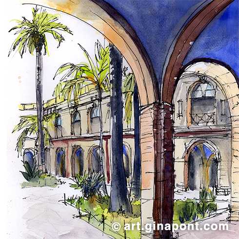 This was my first urban sketch in Nou Barris. It shows the former Santa Creu Mental Hospital, a psychiatric hospital that opened in 1889. Although the original complex covered 50 hectares, today only this central wing remains, which has been converted into the district city hall.